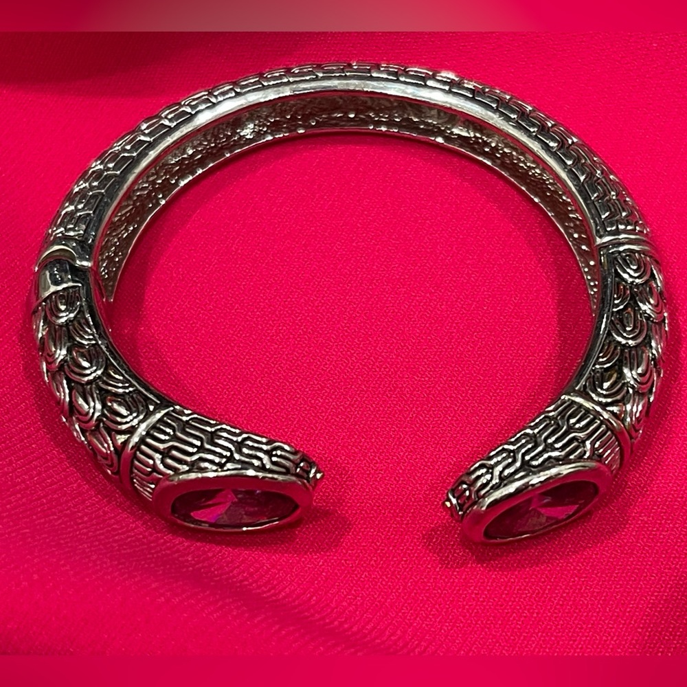 silver plated and natural amethyst artisanal bangle bracelet